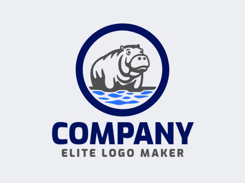 Create a vectorized logo showcasing a contemporary design of a hippo and mascot style, with a touch of sophistication with blue, grey, and dark blue colors.