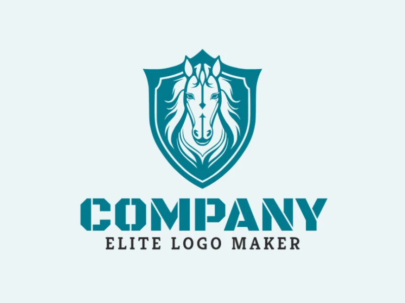 A logo is available for sale in the shape of a horse combined with a shield with an illustrative style and blue color.