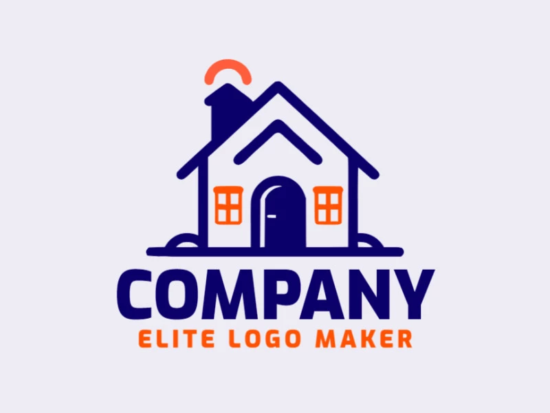 Vector logo in the shape of a house with minimalist design with blue and orange colors.