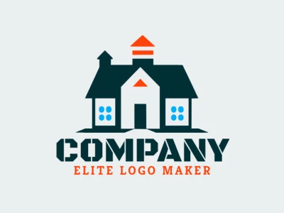 The logo is available for sale in the shape of a house with an abstract design with blue and orange colors.