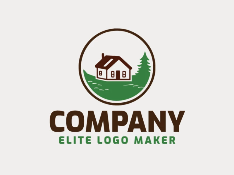 Vector logo in the shape of a house combined with a tree with simple style with green and brown colors.