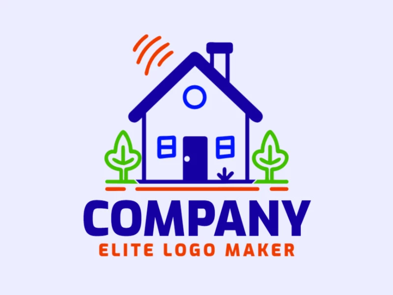 Professional logo in the shape of a house combined with trees with multiple lines style, the colors used were green and dark blue.