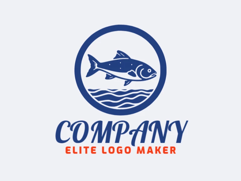 Vector logo in the shape of a jumping fish with illustrative design and dark blue color.