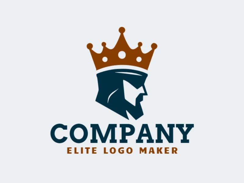 Simple logo with solid shapes forming a king wearing crown with a refined design with brown and dark blue colors.