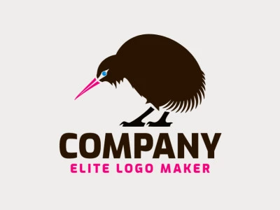 Create a logo for your company in the shape of a kiwi bird with a simple style with blue, pink, and dark brown colors.