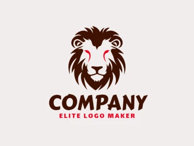 Logo available for sale in the shape of a lion head with minimalist design with red and dark brown colors.