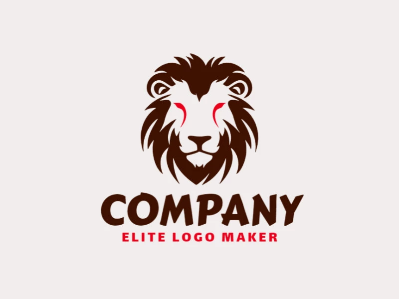 Logo available for sale in the shape of a lion head with minimalist design with red and dark brown colors.