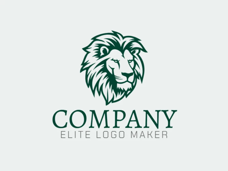 Logo available for sale in the shape of a lion head with illustrative design and dark green color.