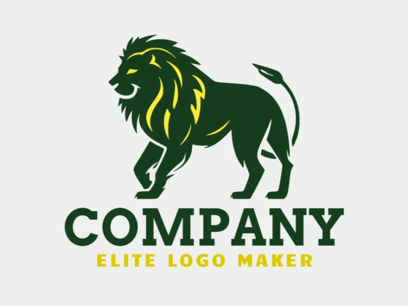 Abstract logo concept with creative approaches forming a lion walking with yellow and dark green colors.