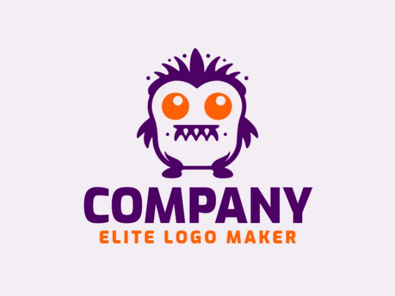 Logo available for sale in the shape of a little monster with abstract style with orange and purple colors.