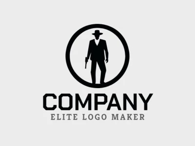 Logo available for sale in the shape of a man with a gun in hand with a simple design and black color.