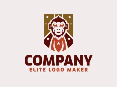 Mascot logo with solid shapes forming a monkey combined with a shield with a refined design, the colors used are orange, yellow, and brown.