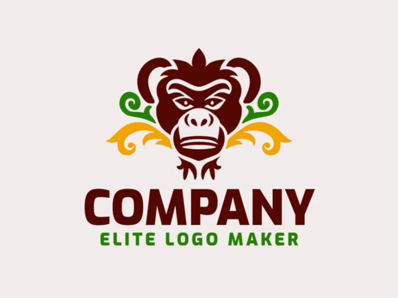 A symmetric monkey head logo in green, brown, and yellow. An energetic, eye-catching design that expresses fun and joy.