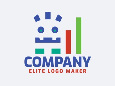 Simple logo design with the shape of a monster and a graph composed of abstracts shapes with red, blue, and green colors.