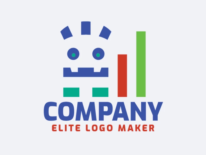 Simple logo design with the shape of a monster and a graph composed of abstracts shapes with red, blue, and green colors.