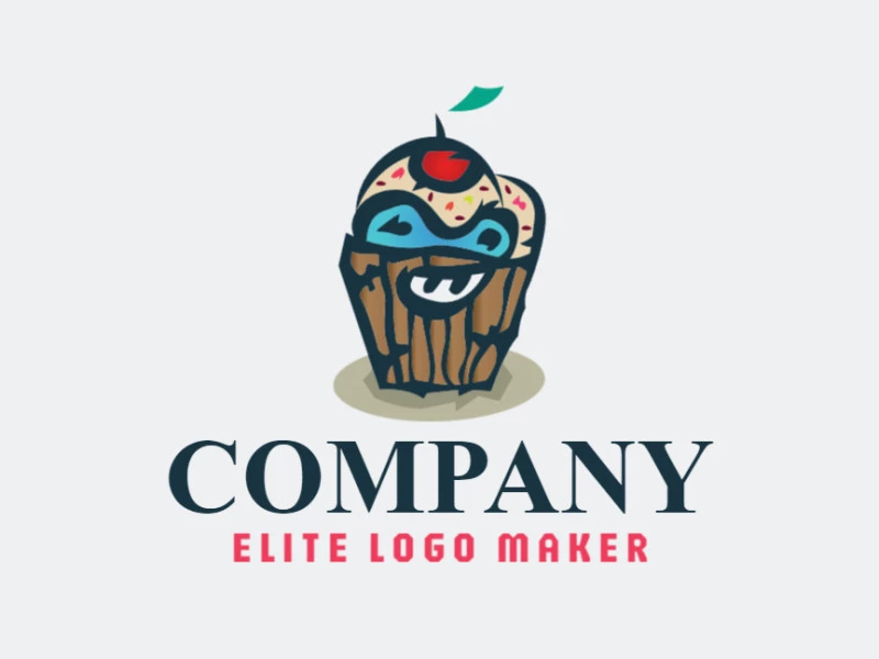 Stylized logo with the shape of a monster combined with a cupcake with blue, yellow, green, pink, and red colors.