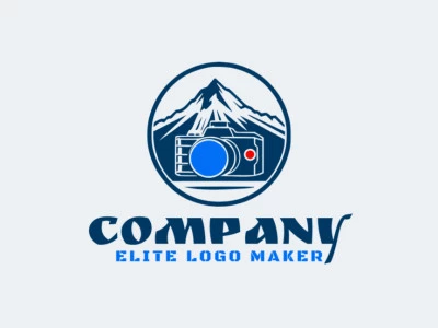 A sophisticated logo in the shape of a mountain combined with a camera with a sleek abstract style, featuring a captivating blue, orange, and dark blue color palette.