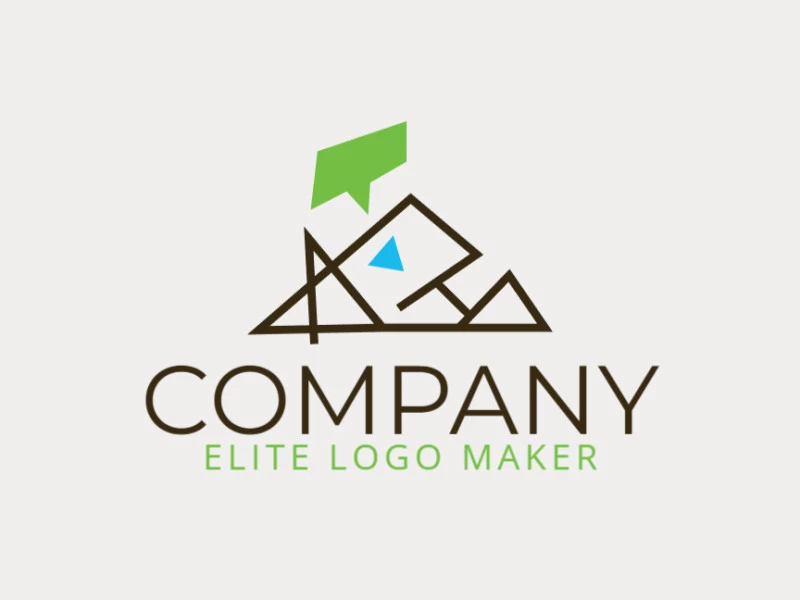 Customizable logo in the shape of a mountain combined with a chat box composed of an abstract style with blue, brown, and green colors.