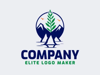 Logo template for sale in the shape of a mountain combined with rainforest plants, the colors used were green, orange, and dark blue.