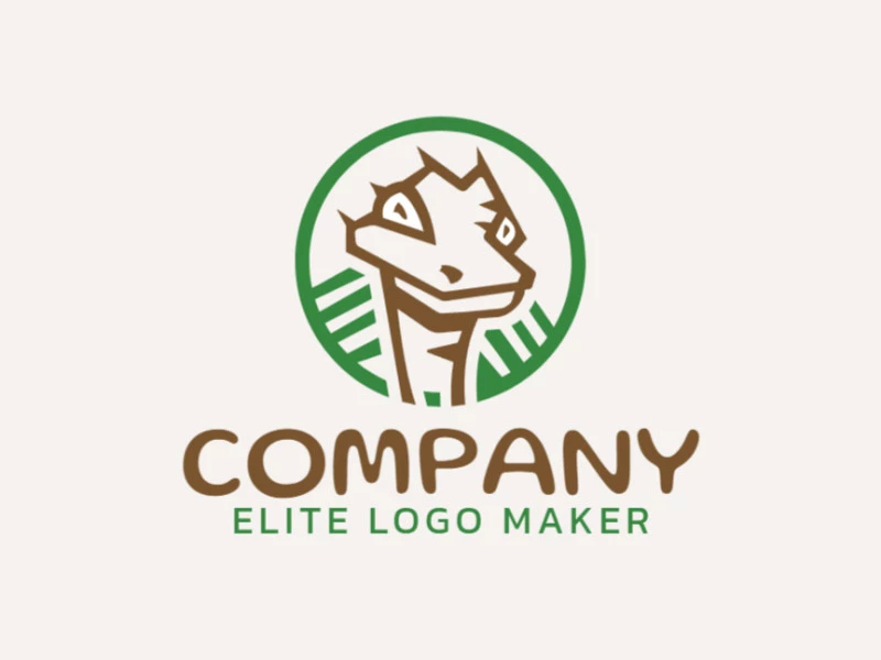 Circular logo design composed of abstract shapes and rectangles forming an ostrich with brown and green colors.