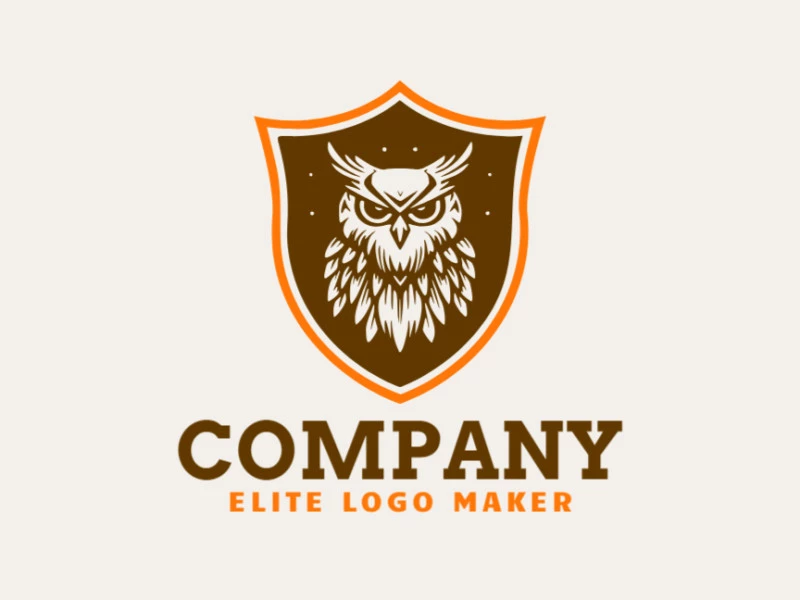 Create a vector logo for your company in the shape of an owl combined with a shield with an emblem style, the colors used were orange and dark brown.