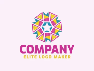 Abstract logo design composed of banners combined with triangles and stars, with a creative and professional design, the colors used are yellow, pink, and blue.