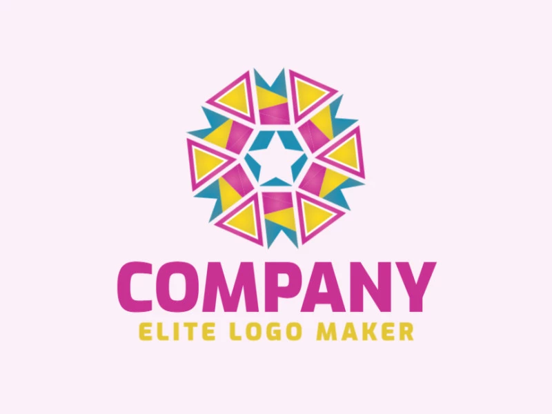 Abstract logo design composed of banners combined with triangles and stars, with a creative and professional design, the colors used are yellow, pink, and blue.