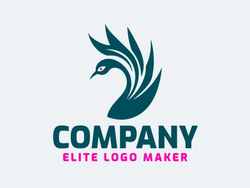 Minimalist logo with solid shapes forming a peacock with a refined design with green and pink colors.