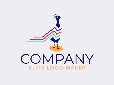 Simple animal logo with the shape of a peacock composed abstract shapes and lines with blue, red, purple and yellow colors.