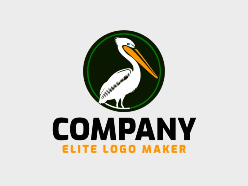 Create a logo for your company in the shape of a pelican with a circular style with green, orange, and white colors.