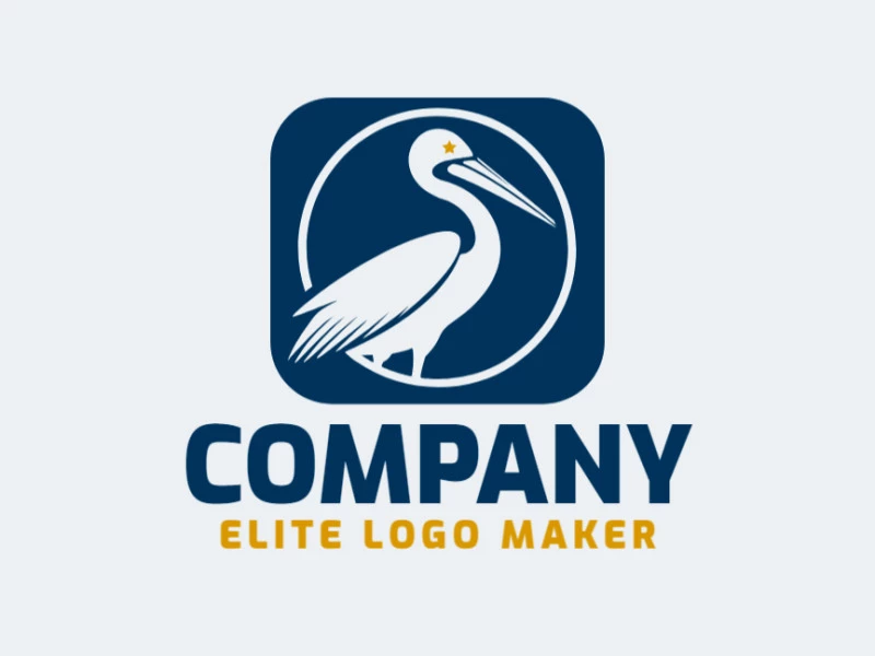 A simple logo composed of abstract shapes forming a pelican with dark blue and dark yellow colors.