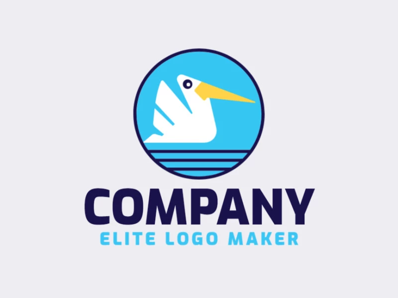 Logo available for sale in the shape of a pelican with circular design with blue, black, and yellow colors.