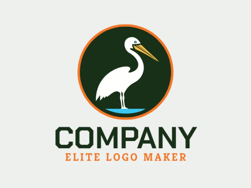 Customizable logo in the shape of a pelican with a circular style, the colors used were blue, orange, white, and yellow.