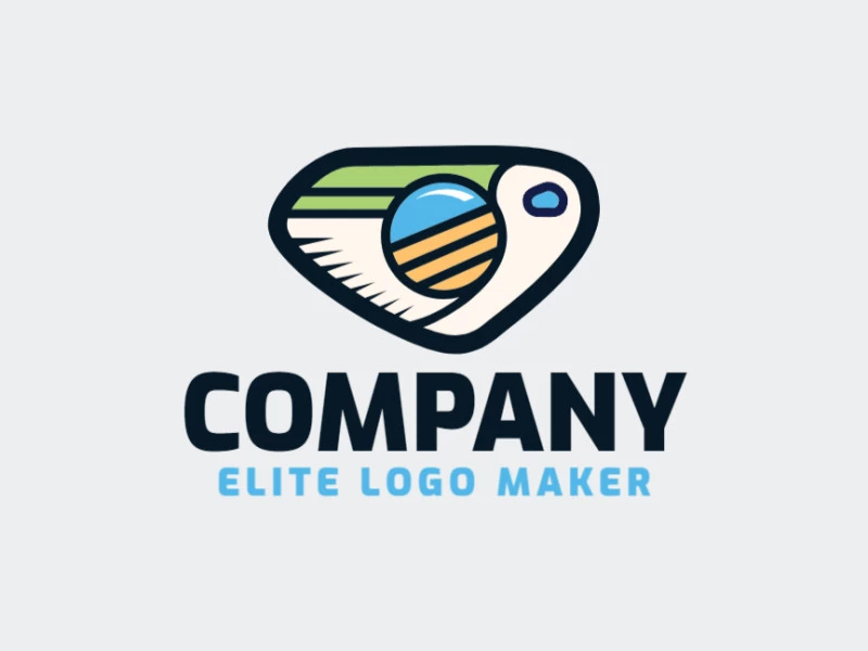 Create a logo for your company in the shape of a pelican combined with a camera with illustrative style, with green, blue, and yellow colors.