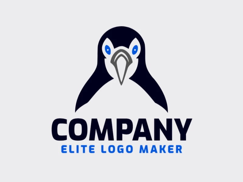 Create your own logo in the shape of a penguin with a symmetric style with blue, grey, and black colors.