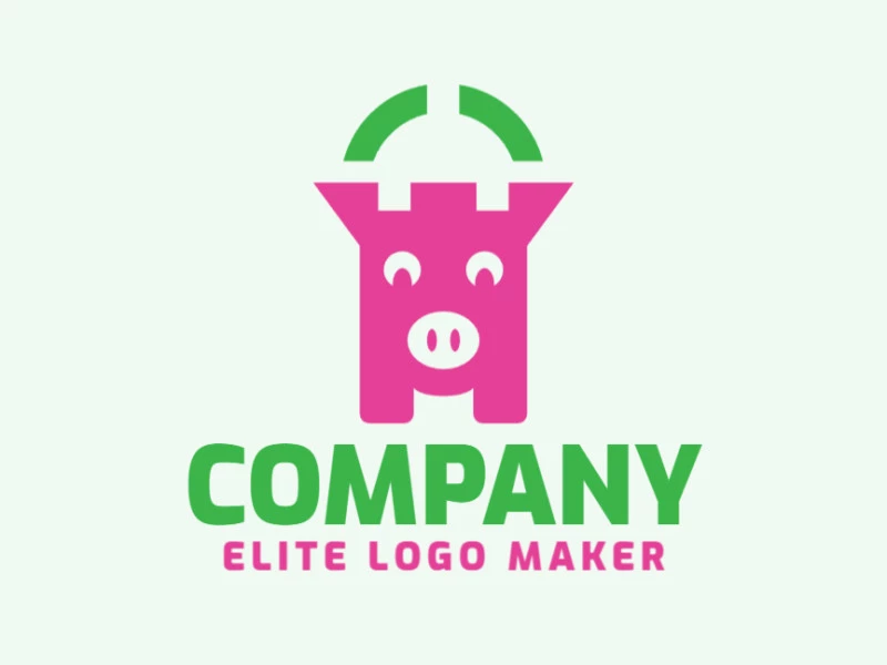 Animal company logo with the shape of a pig combined with a castle with pink and green colors.