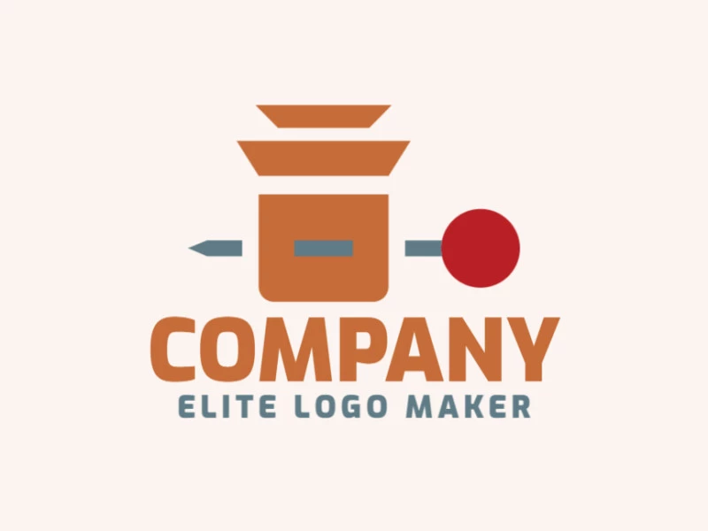 Minimalist logo in the shape of a pin combined with a box composed of abstract elements with brown, gray, and red colors.