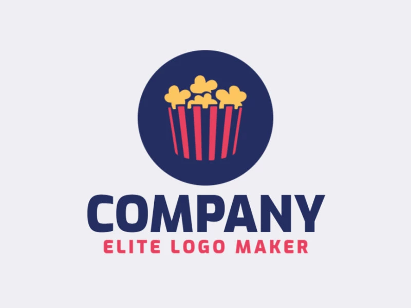 The logo is available for sale in the shape of a popcorn bucket with a minimalist design with red, yellow, and dark blue colors.