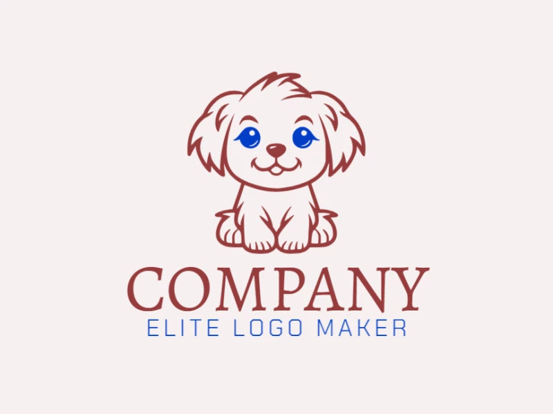 Vector logo in the shape of a puppy with a monoline style with brown and dark blue colors.