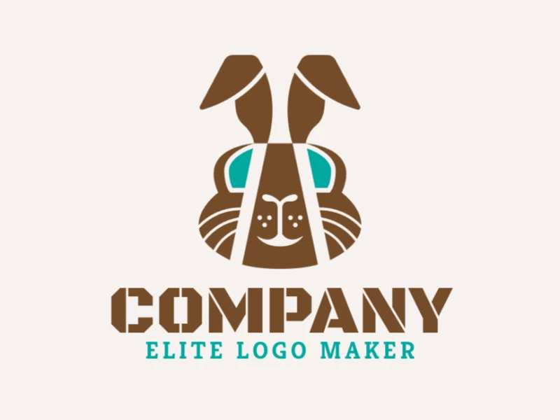 Animal mascot logo with the shape of a rabbit head made up of abstracts shapes with blue and brown colors.