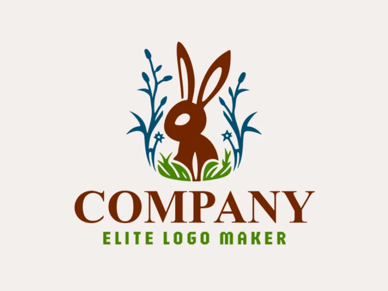 Logo available for sale in the shape of a rabbit combined with leaves with abstract design with green and brown colors.