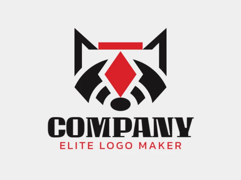 Animal logo design in the shape of a raccoon combined with a suit of diamonds with black and red colors.