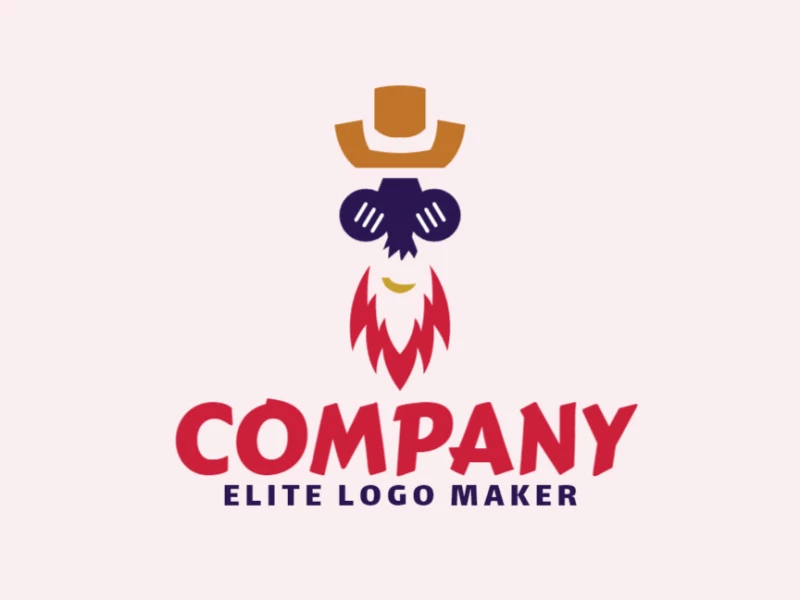 Abstract logo design in the shape of a man with a red beard wearing a hat composed of simples shapes with red, brown, yellow, and blue colors.