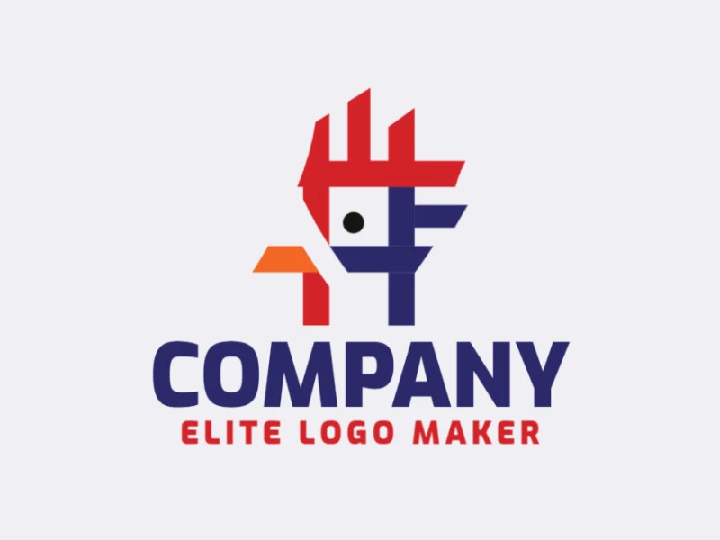 Minimalist logo with a refined design forming a rooster, the colors used was blue, orange, and red.