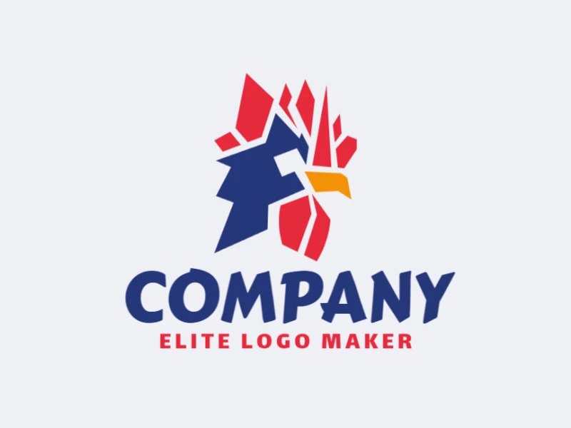 Logo consisting of abstract shapes forming a rooster with simple style, the colors used are yellow, red, and blue.