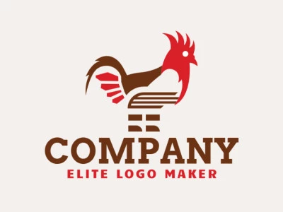 Animal logo design with the shape of a rooster combined with a book with brown and red colors.