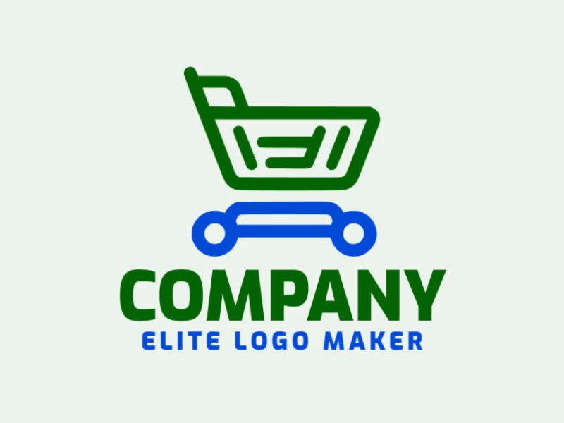 Minimalist logo with solid shapes forming a shopping cart with a refined design with green and blue colors.