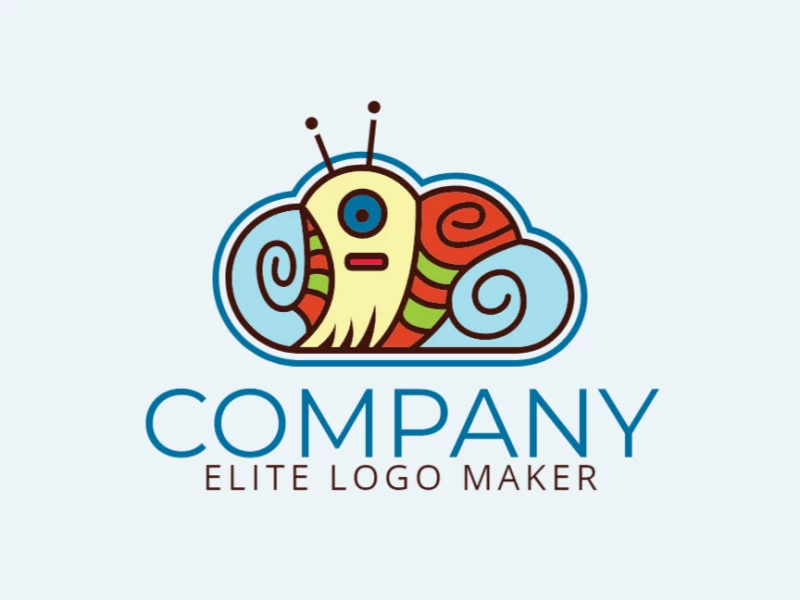 Illustrative logo in the shape of a cloud combined with a snail with blue, brown, green, yellow and orange colors.