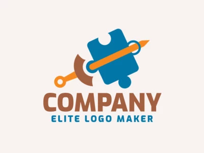 Stylized logo design with the shape of a sword and a puzzle composed of abstracts shapes with yellow, brown, and blue colors.