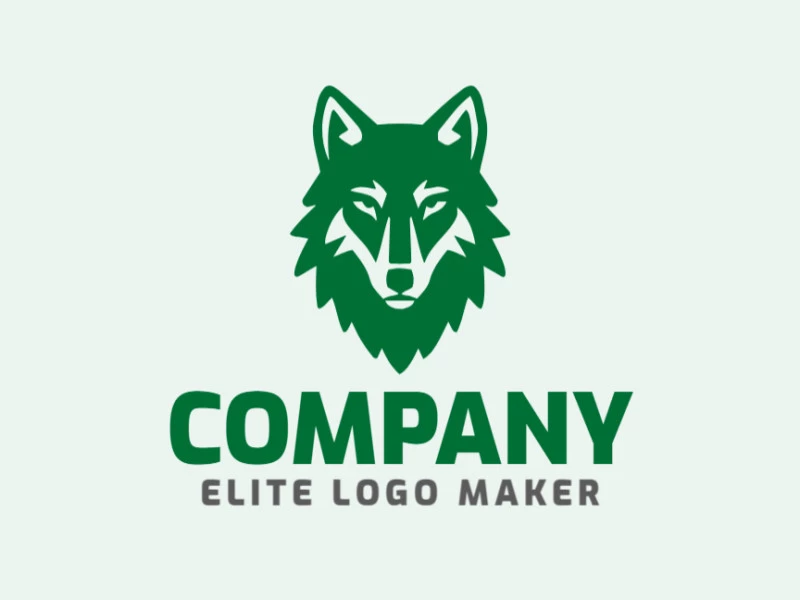 An abstract logo features the symmetrical head of a green wolf, using balanced shapes to create a striking and unique visual design.